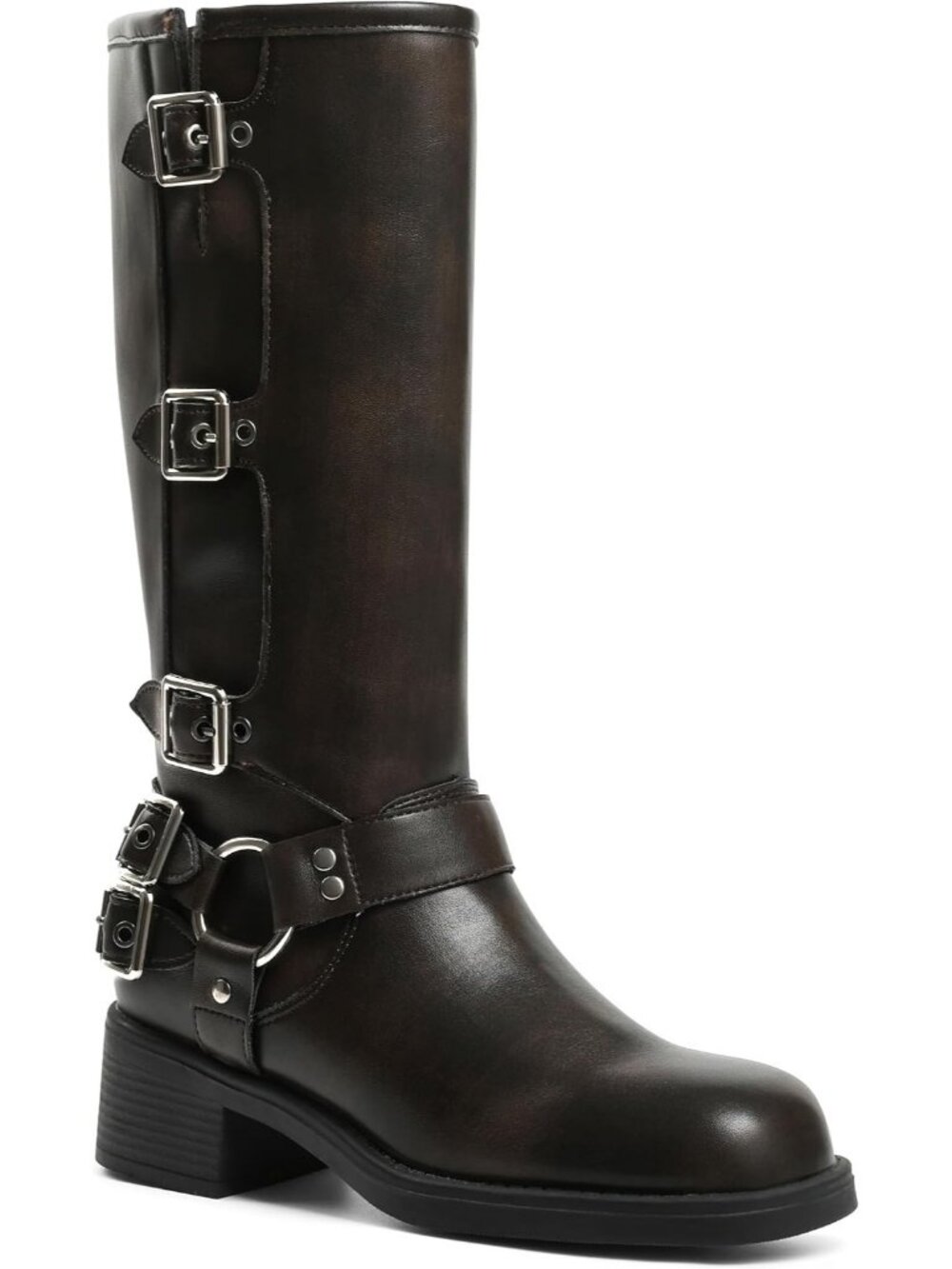 Women All Brown Pull On Wide Calf Riding Buckles Chunky Metallic Knee High Boot